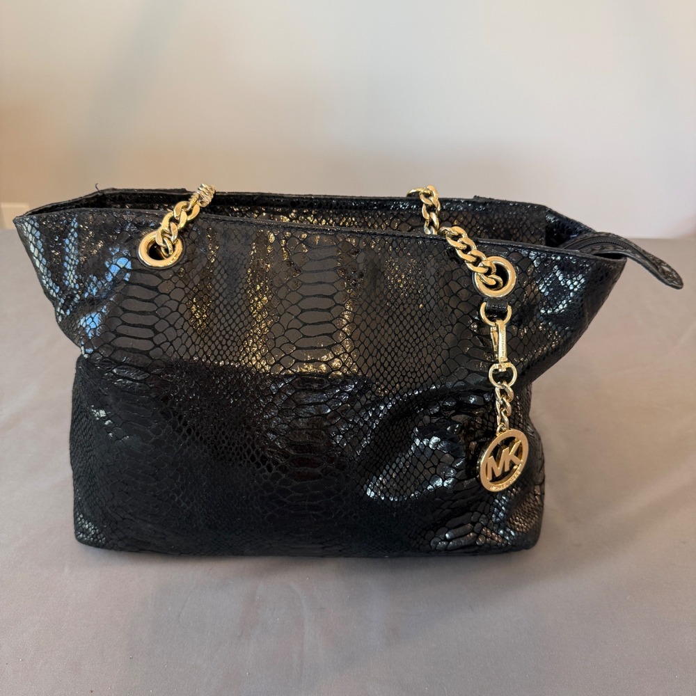 Michael Kors Jet Set Black Snakeskin Embossed Leather Chain Bag Gold Hardware